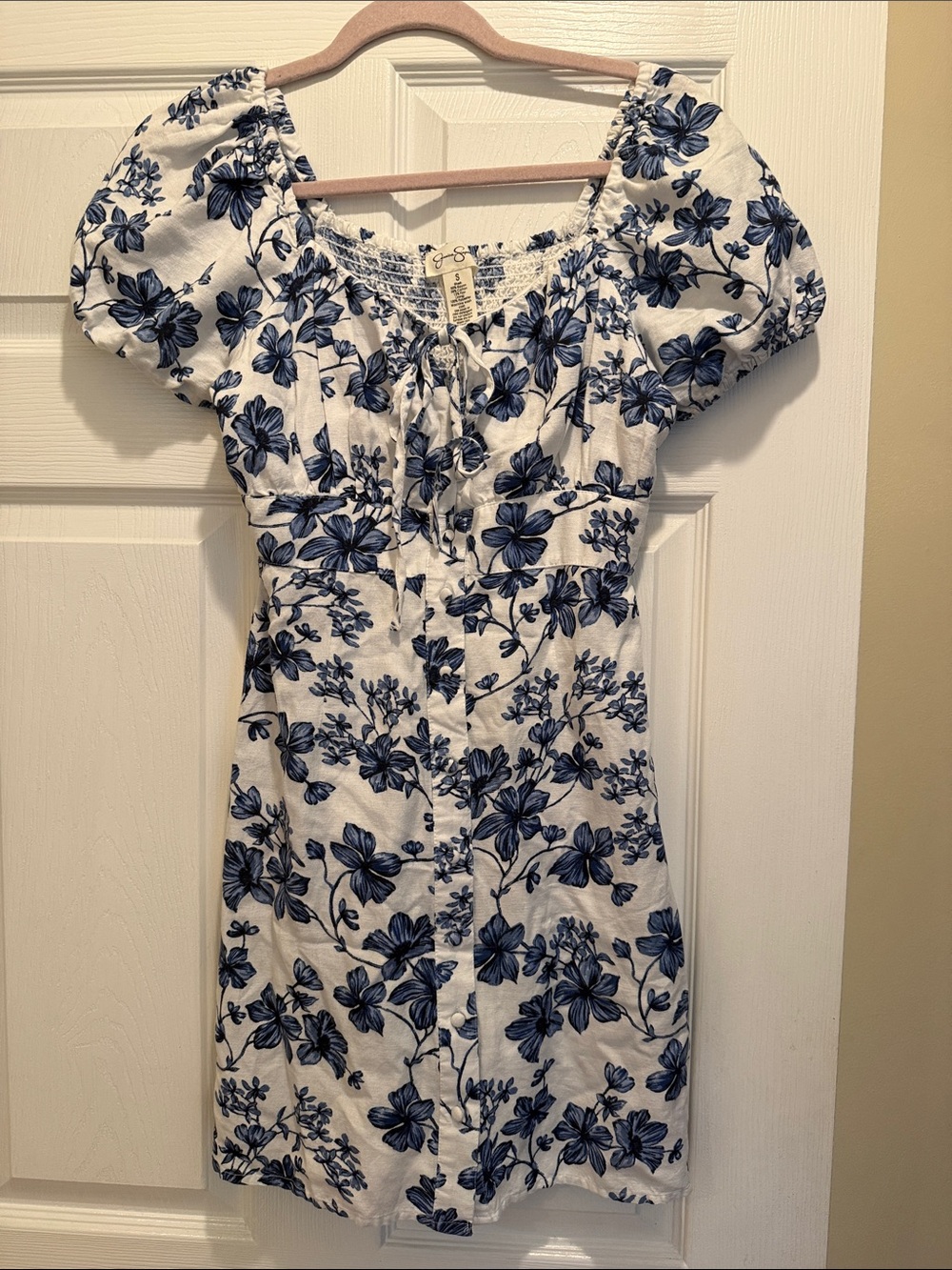 Jessica Simpson Blue & White Floral Puff Sleeve Mini Dress Size Small